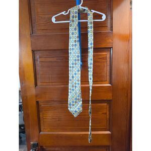 Peacock Men’s Handmade 100% Pure Silk Tie Gold Blue Geometric Circle Necktie